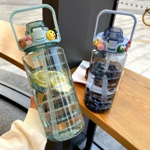 2L Big Straw Water Bottle with Scale - Summer Trend